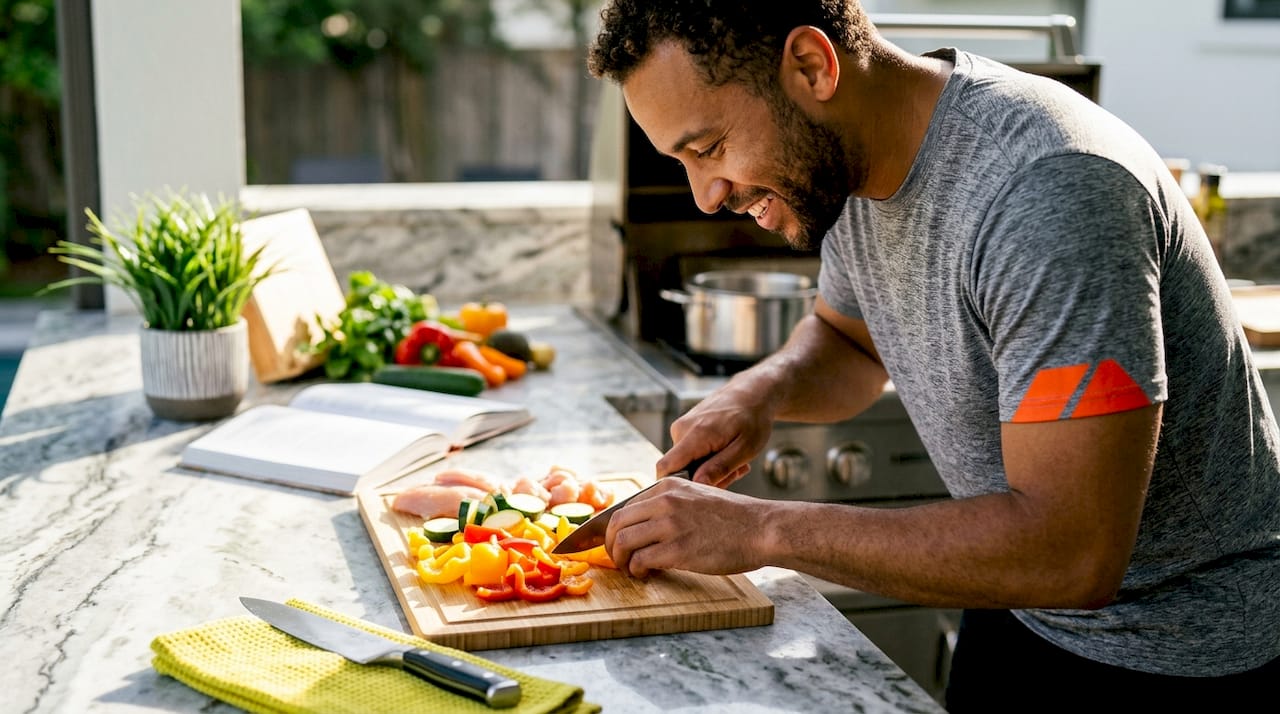 Man preparing balanced healthy meal in kitchen