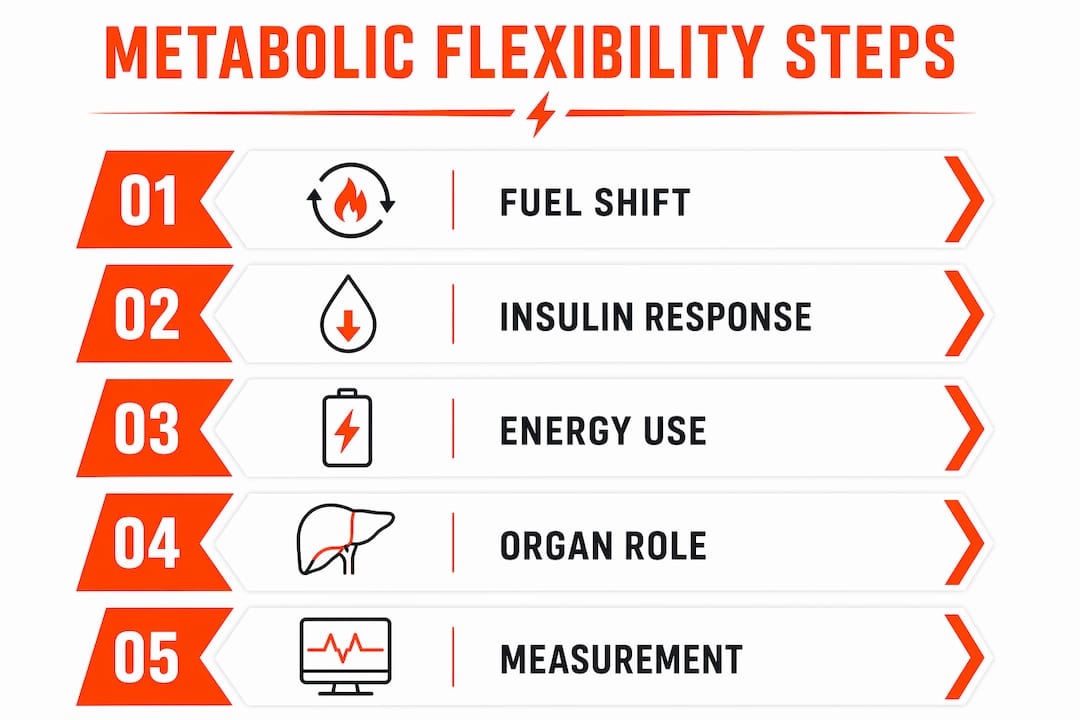 Infographic illustrating metabolic flexibility assessment steps