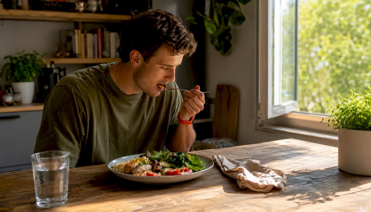 Man eating balanced meal during eating window
