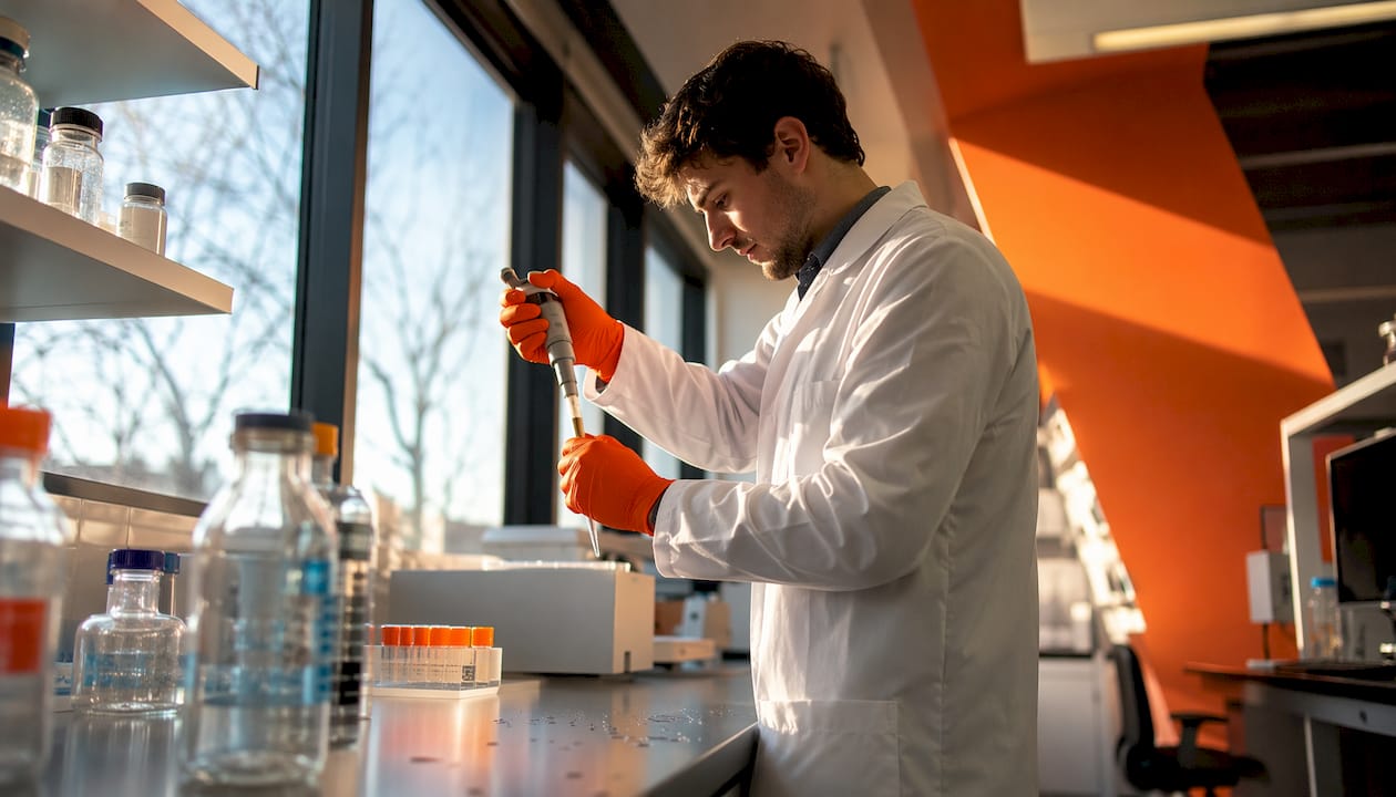 Hands handling lab pipette during experiment