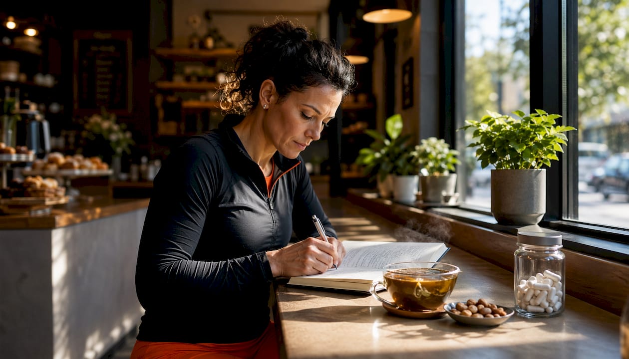 Woman preparing morning tea and journaling fasting effects