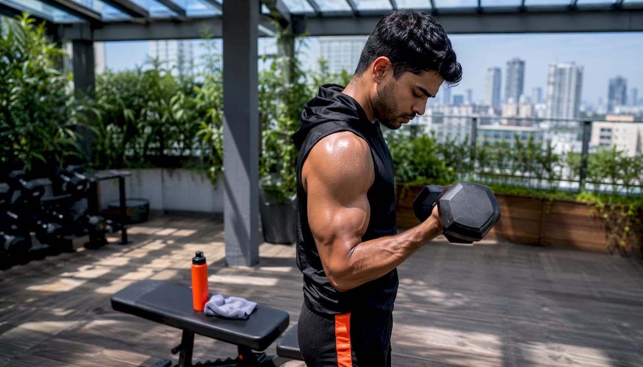 Man lifting dumbbells in bright gym