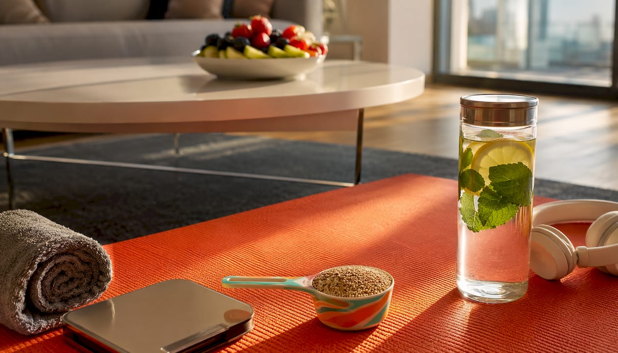 Flat-lay of nutrition and fitness tools on table