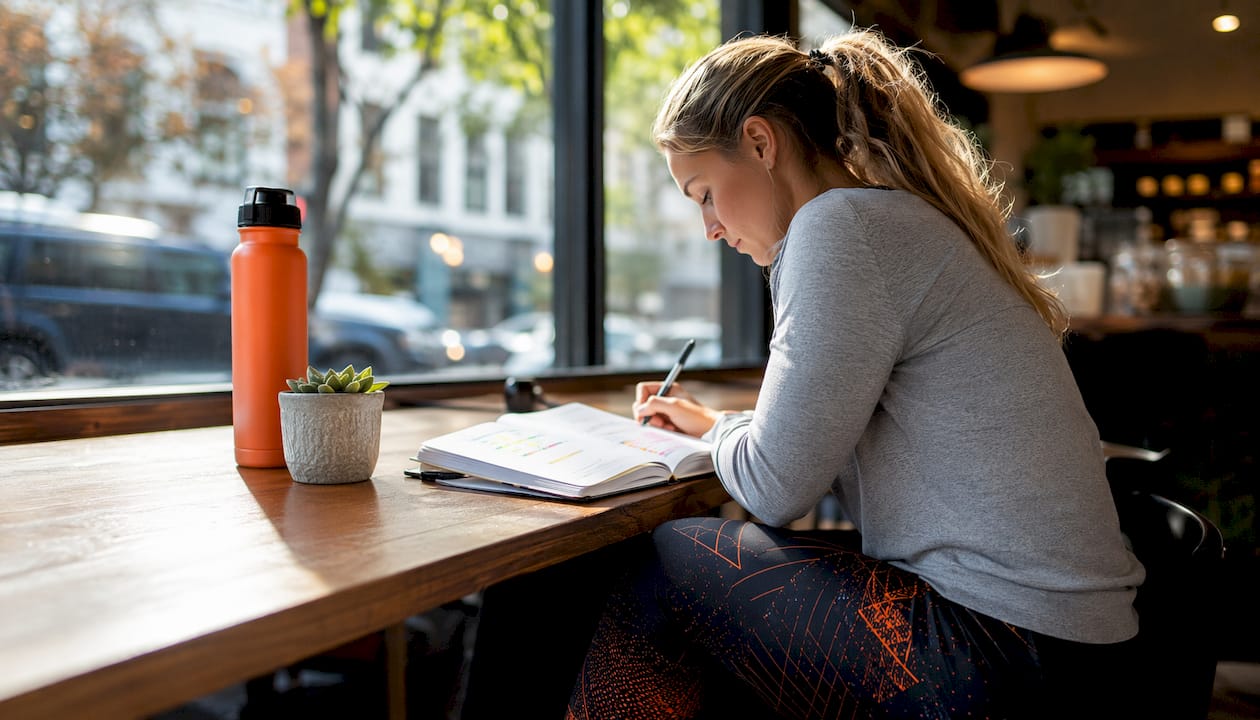 Female fitness coach reviewing notes at desk