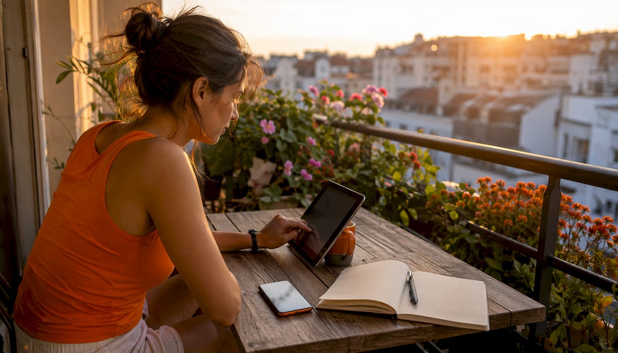 Woman comparing fasting apps at home table
