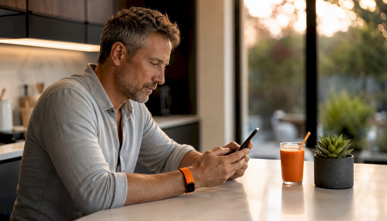 Hands holding smartphone logging fast in café