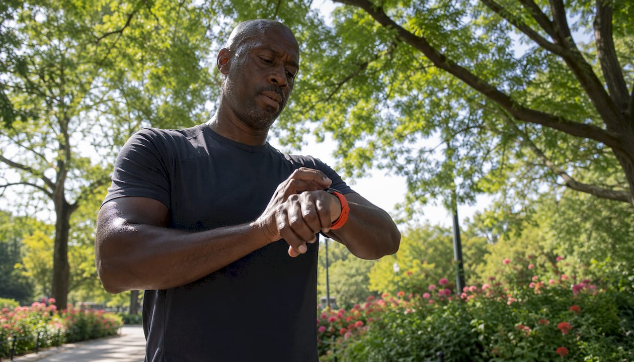 Man adjusting fasting window during home workout.