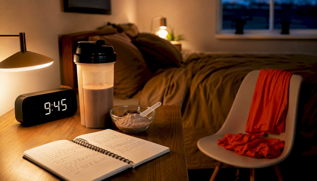 Bedside table setup for protein before sleep