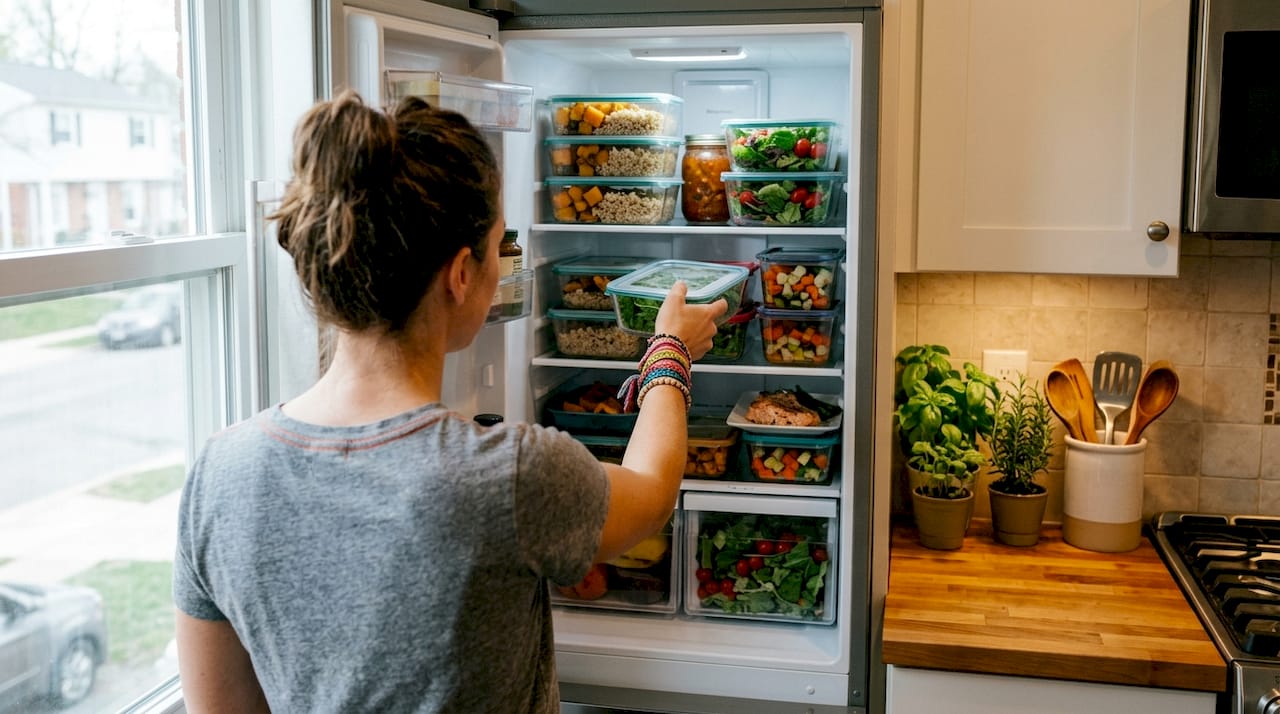 Open fridge with organized healthy meal prep containers