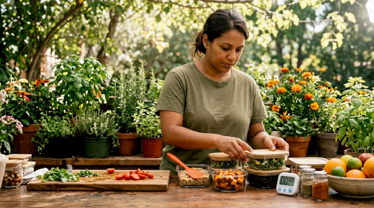 Woman arranging meal prep containers in kitchen