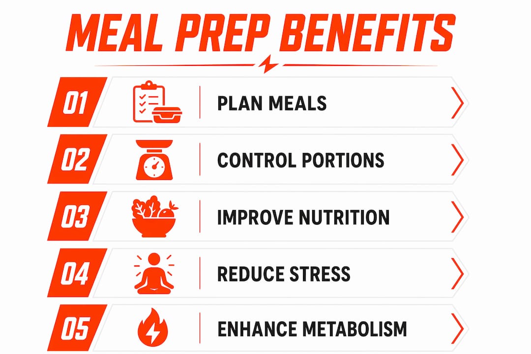Infographic outlining five key meal prep benefits for fasting