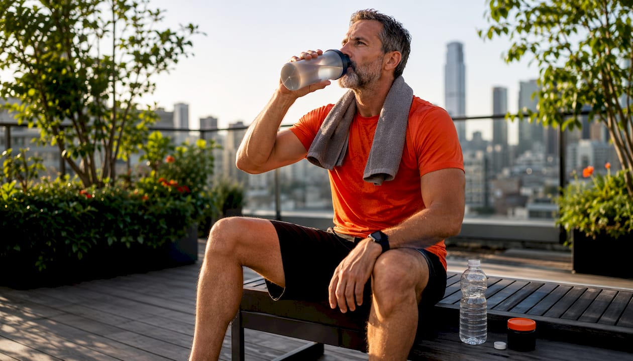 Man hydrating after fasted workout in gym