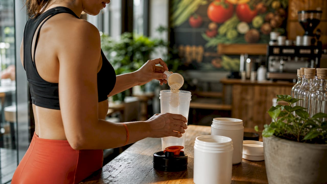 Woman preparing pre-workout drink at home kitchen