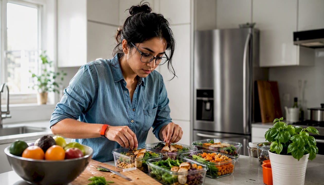 Woman preparing balanced meal plans at kitchen table