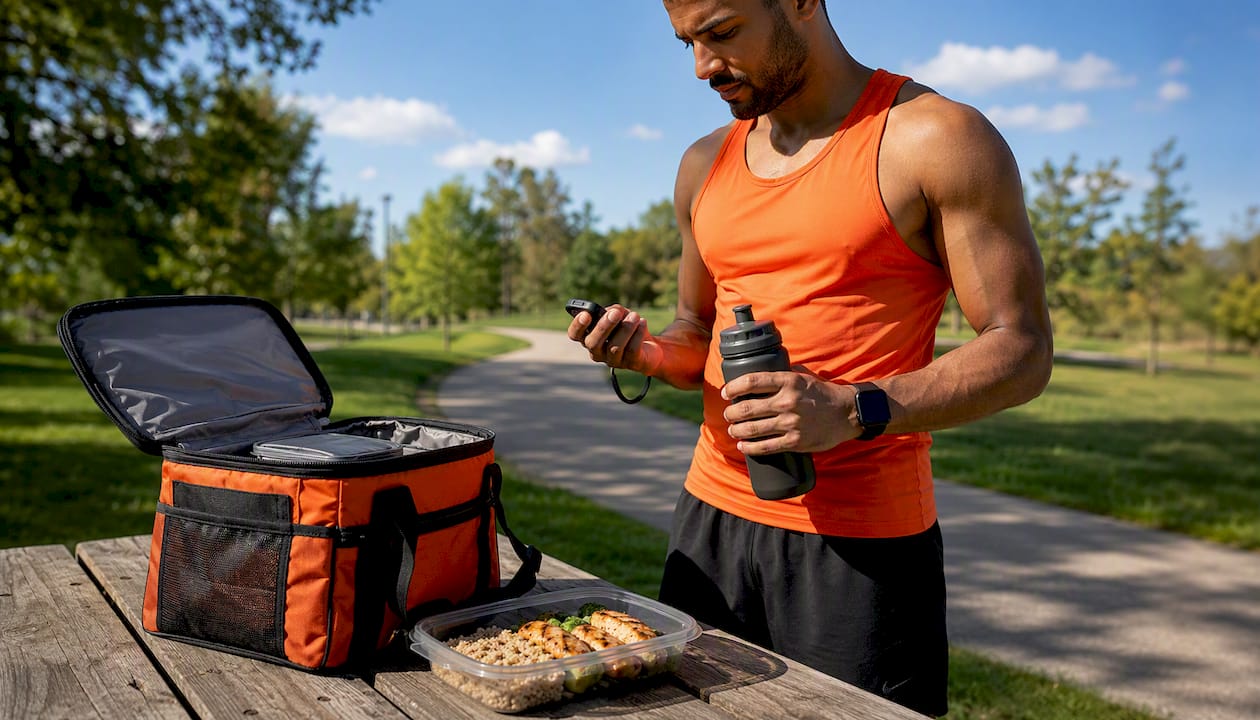 Athlete holding stopwatch and post-workout meal outdoors