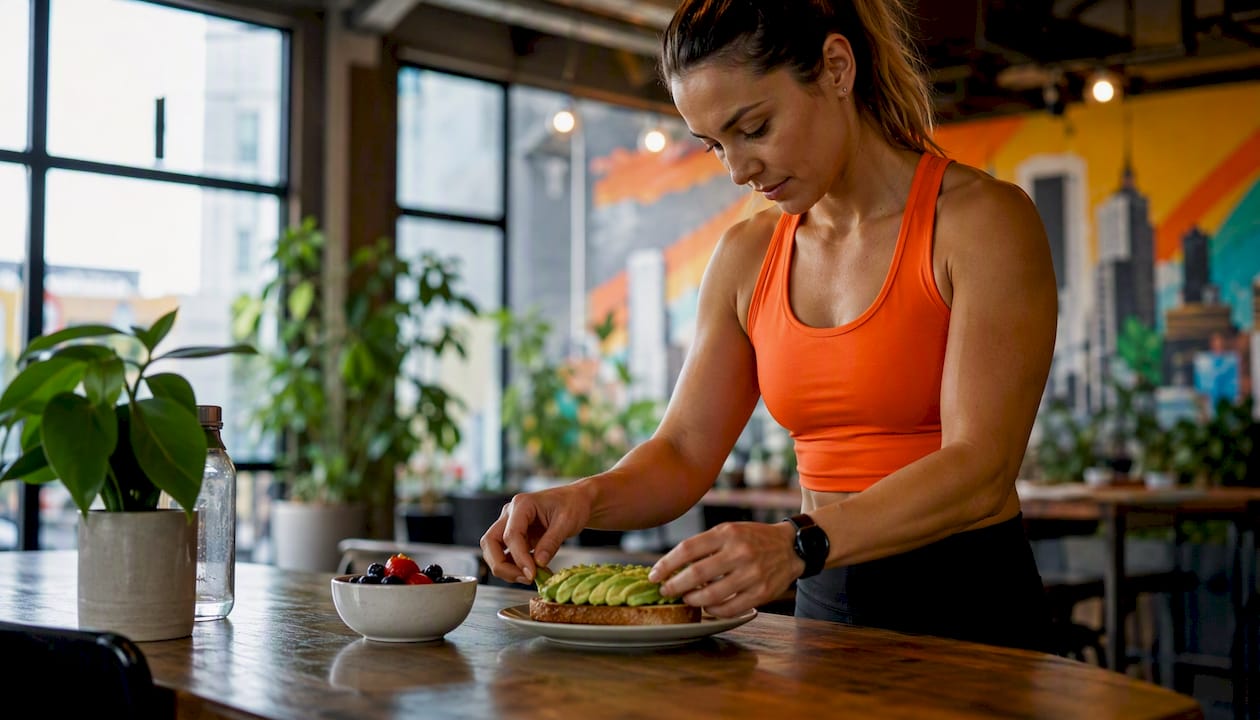 Athlete preparing pre-event meal in kitchen
