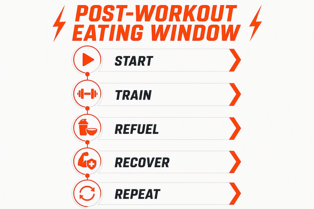 Infographic illustrating post-workout eating timing steps