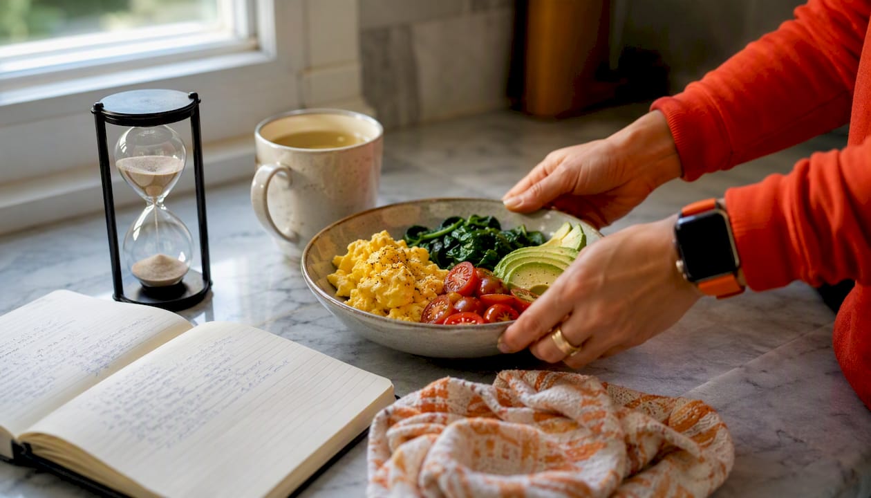 Healthy meal and fasting journal on kitchen counter