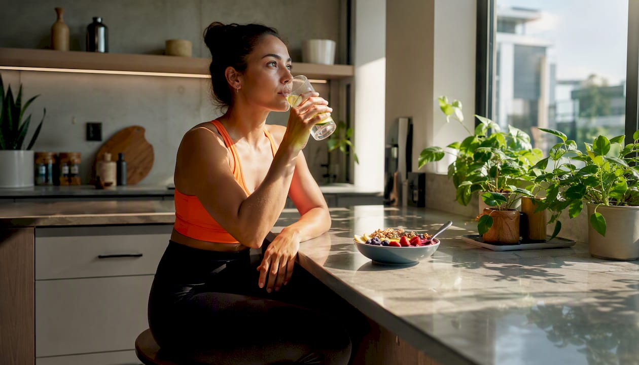 Woman drinking water and eating healthy breakfast