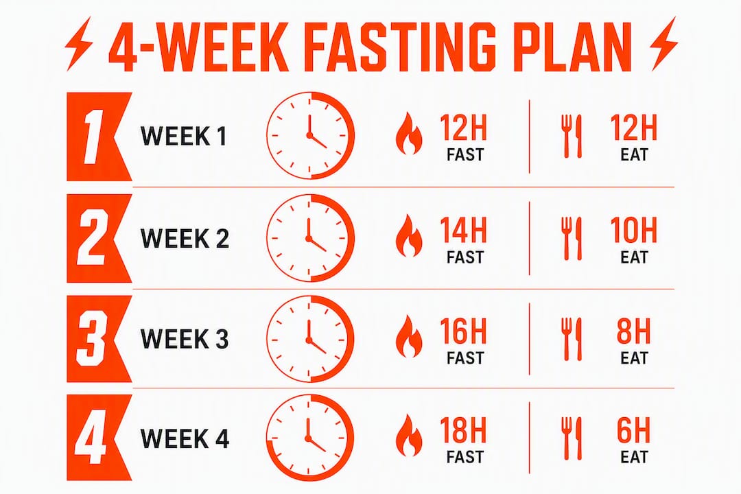 Infographic illustrating 4-week fasting progression plan