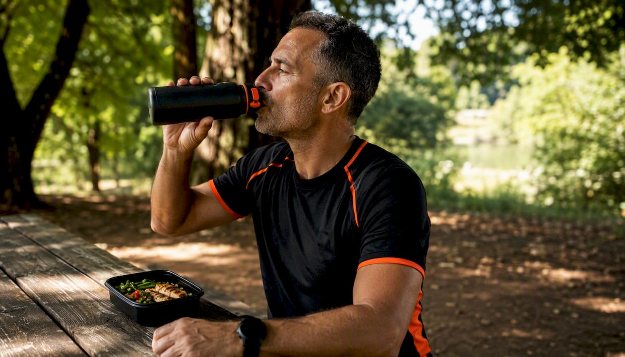 Man hydrating post-workout with low-carb meal nearby