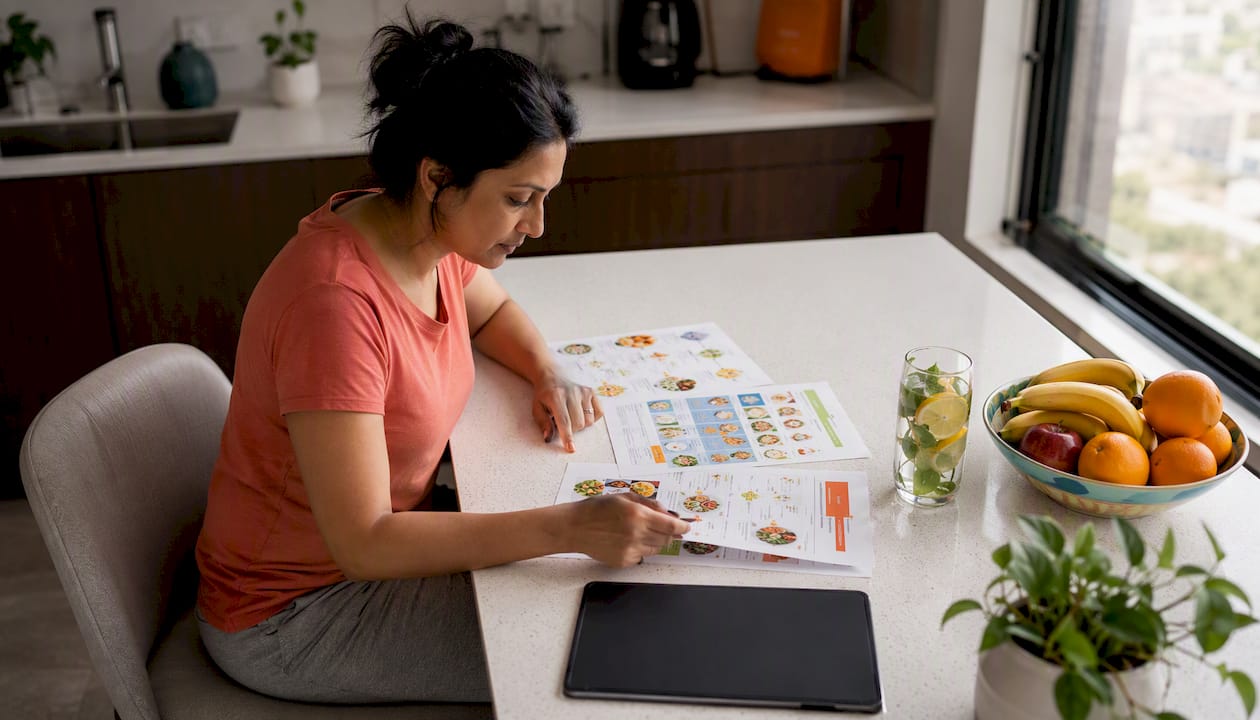 Woman reviewing diet plans at kitchen table