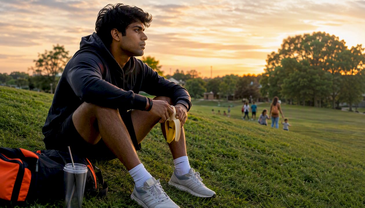 Man contemplating dieting with apple outdoors on bench