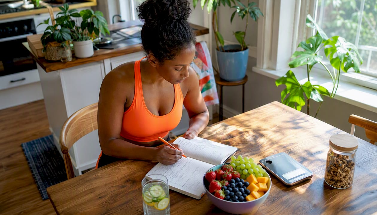 Woman studying metabolic diet notes at kitchen table