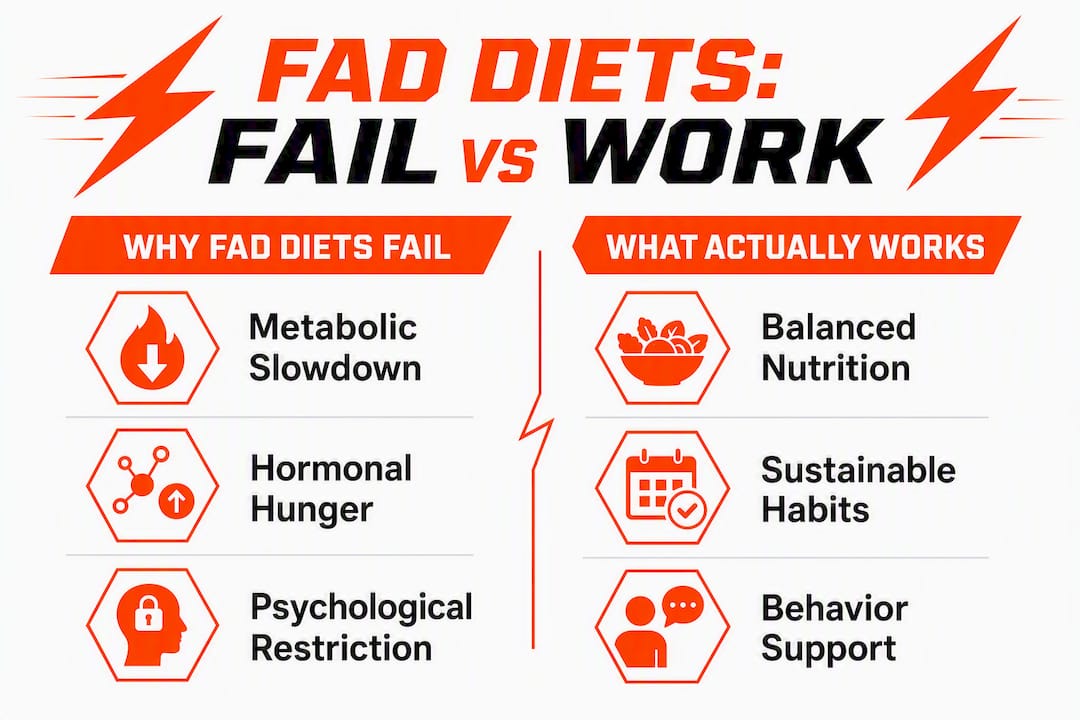 Infographic comparing fad diet failures and effective strategies