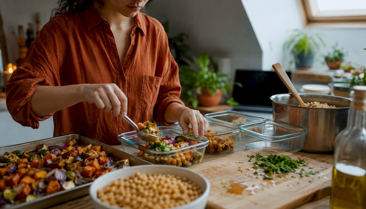 Hands portioning plant-based meals into containers