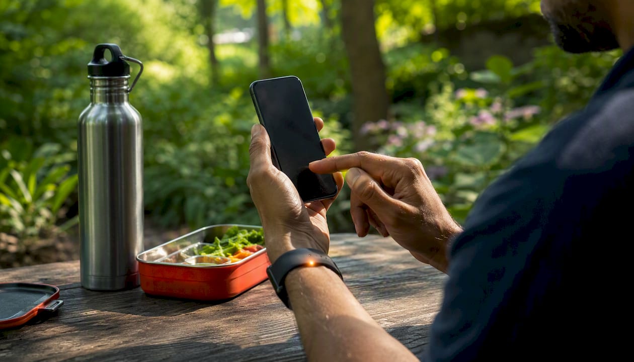 Hands using fasting app on smartphone