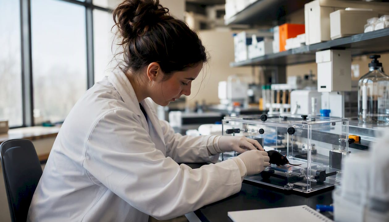 Laboratory researcher handling mouse in stress study