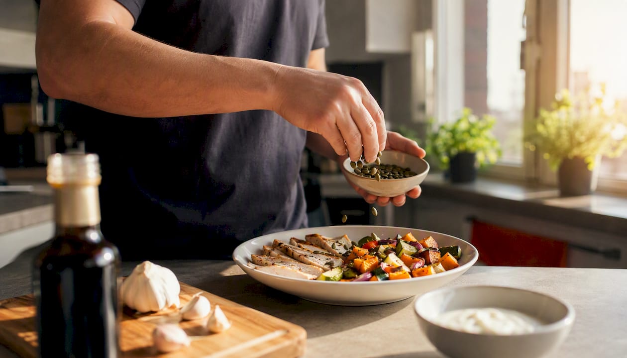 Hands adding pumpkin seeds to tryptophan-rich meal