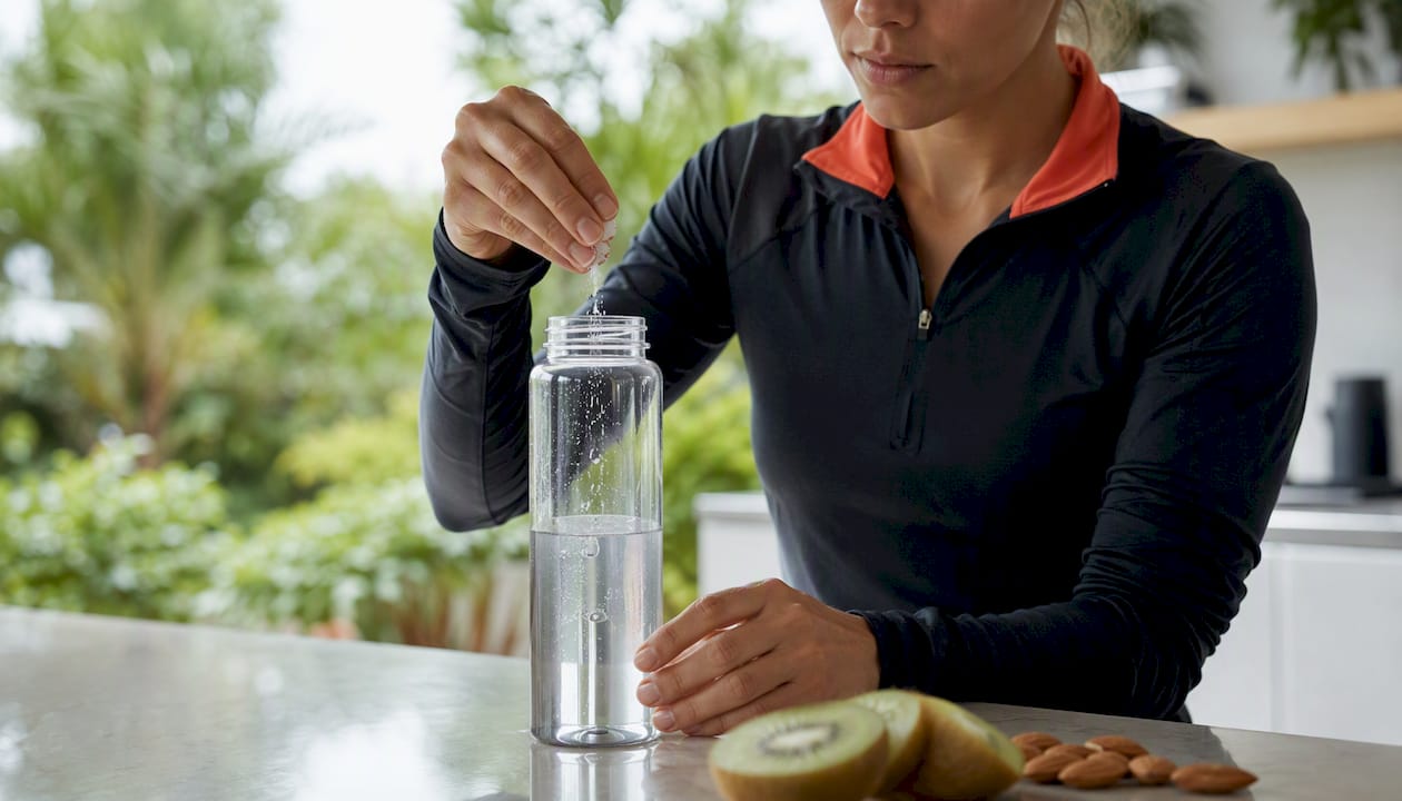 Hands adding salt to water bottle before workout