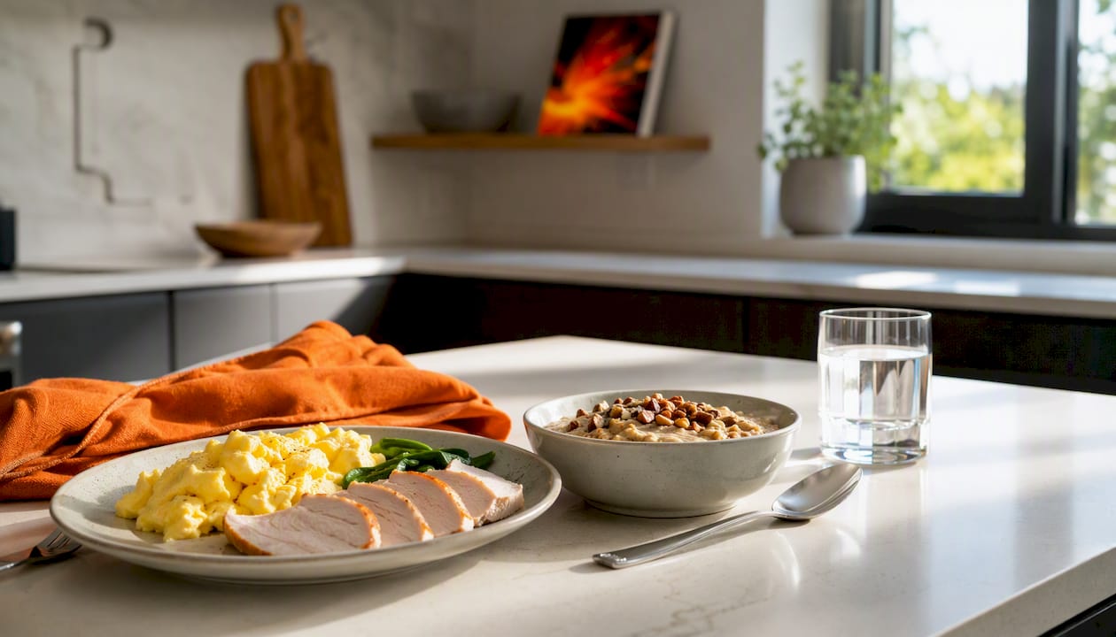 Balanced tryptophan and complex carb breakfast plate overhead