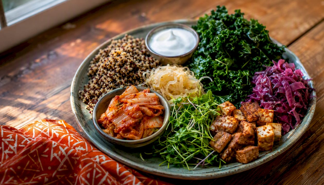 High-fiber plant-based meal with fermented foods
