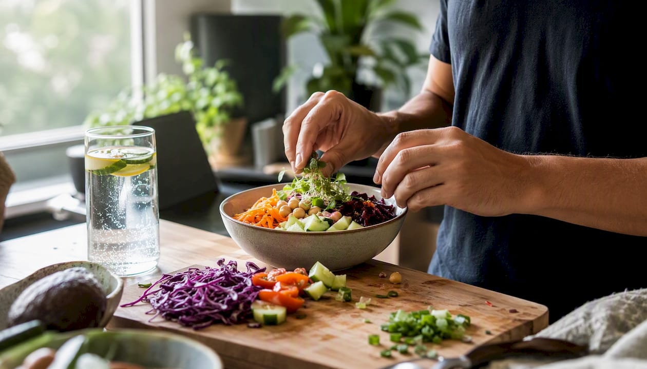 Hands chopping vegetables at kitchen counter