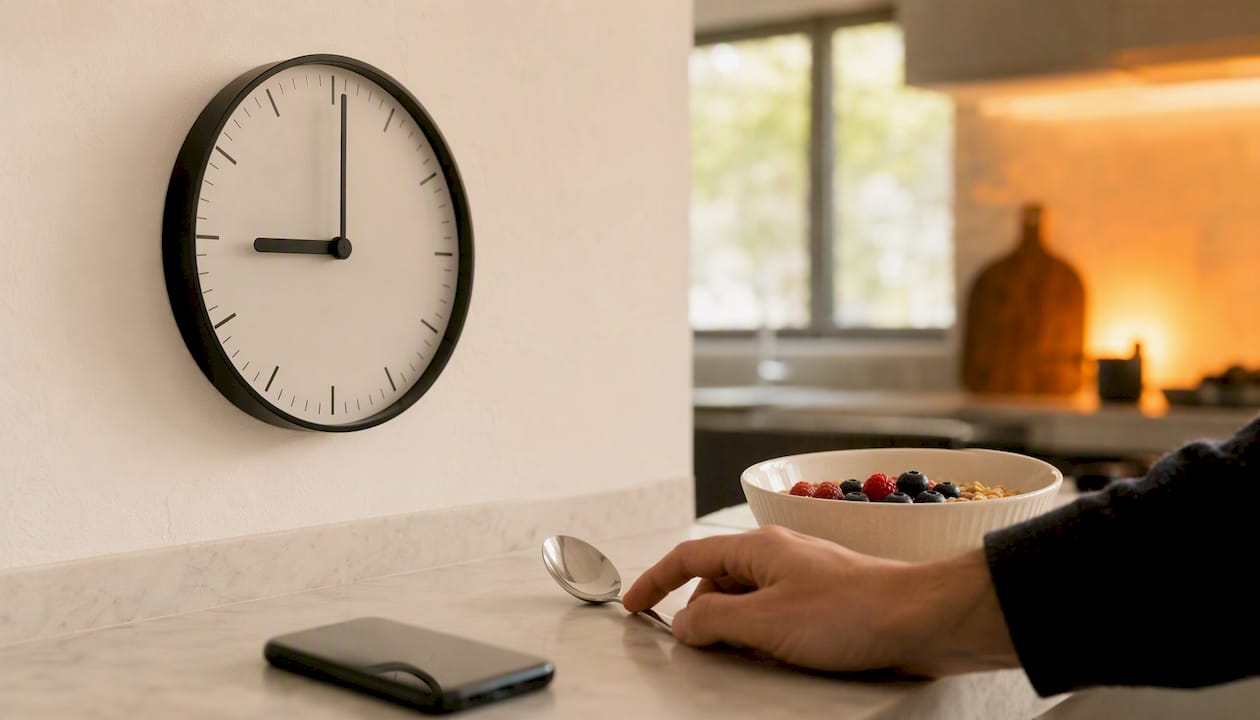 Watch showing morning time with protein meal plate