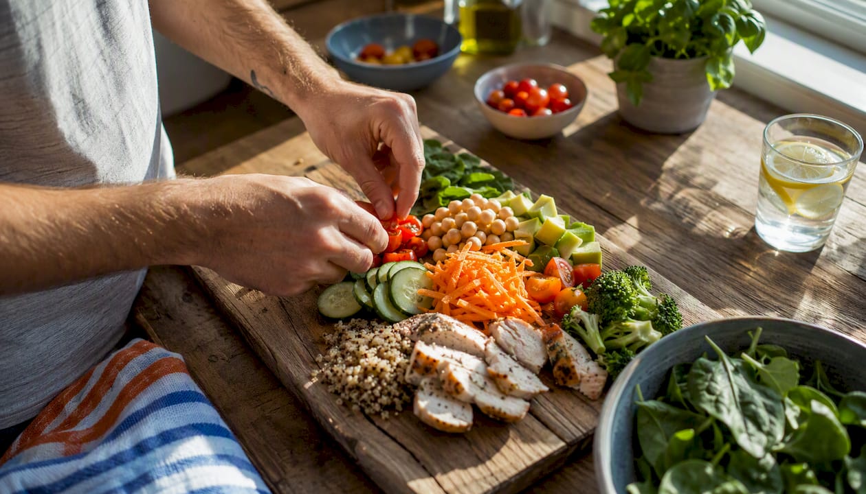 Hands choosing healthy meal from three plates