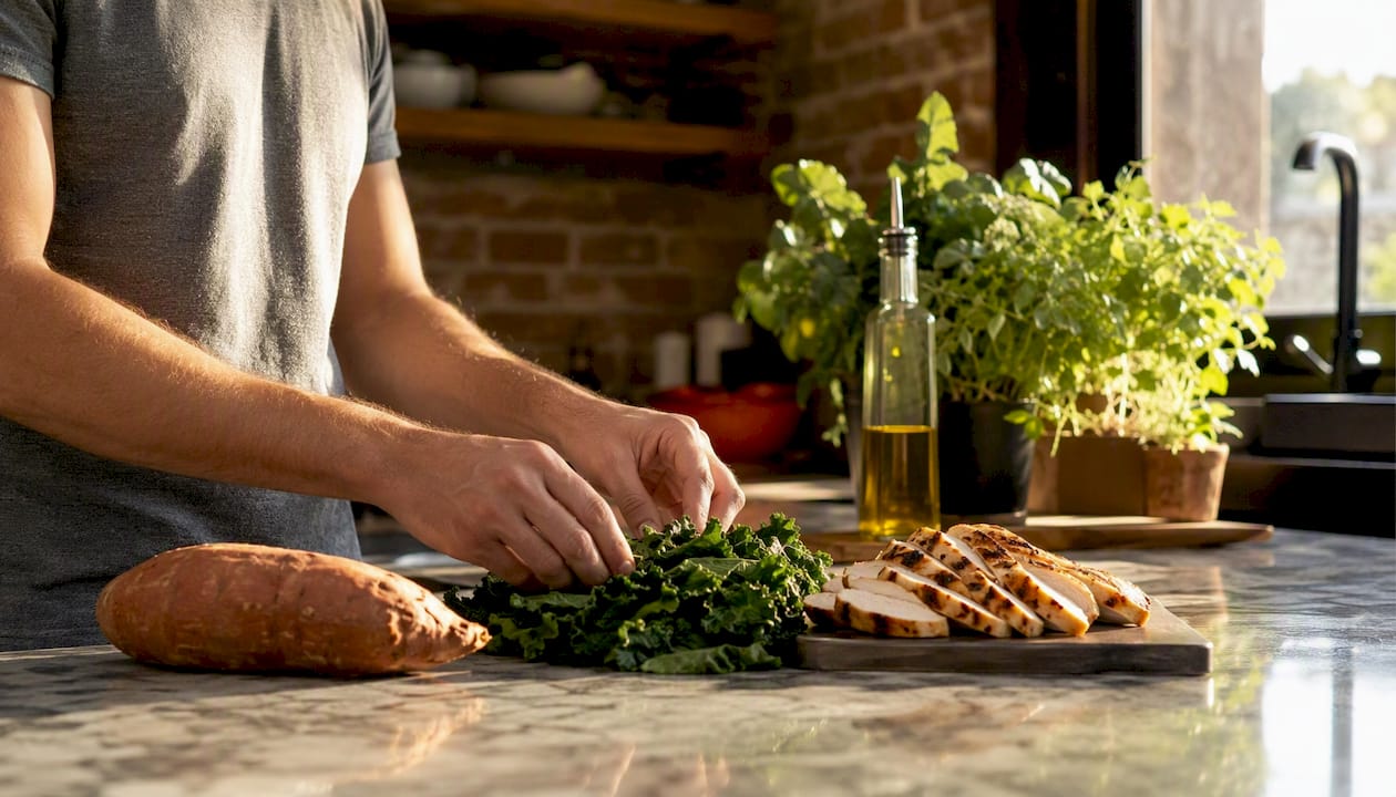 Hands arranging three ingredients for meal preparation