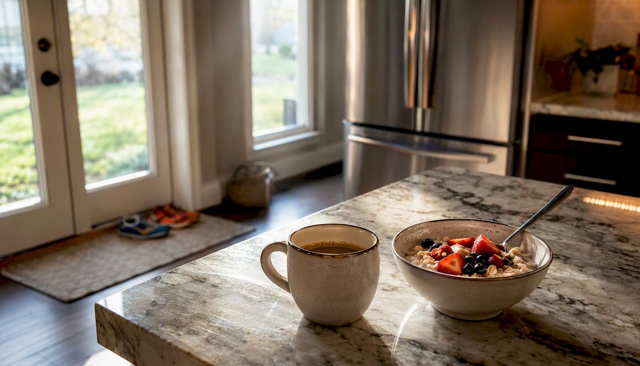 Family breakfast scene with coffee and oatmeal