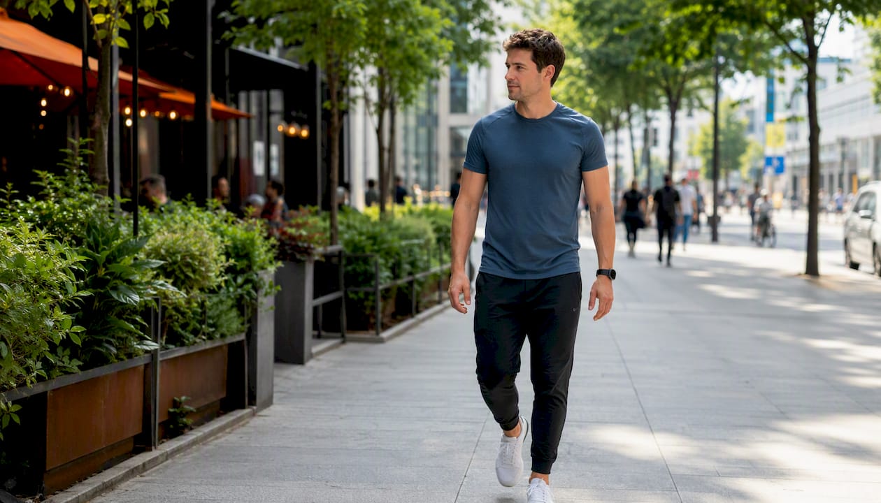 Person walking after meal outdoors