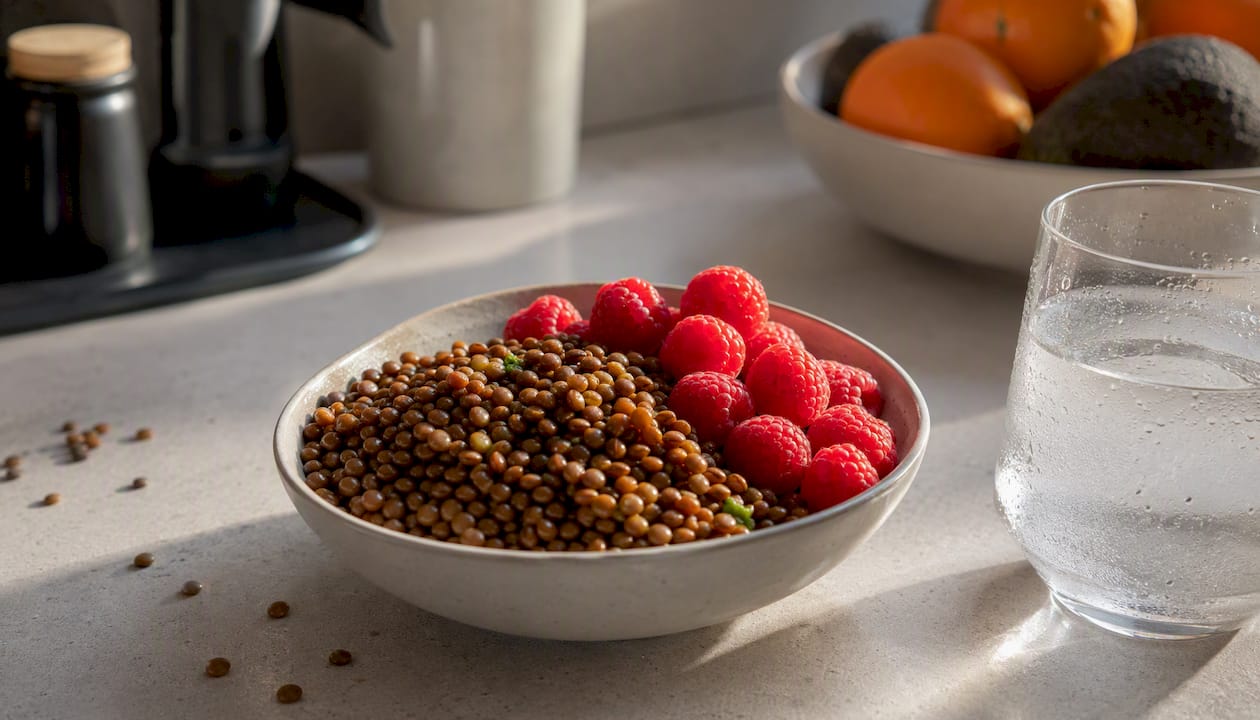 High fiber meal with lentils and raspberries