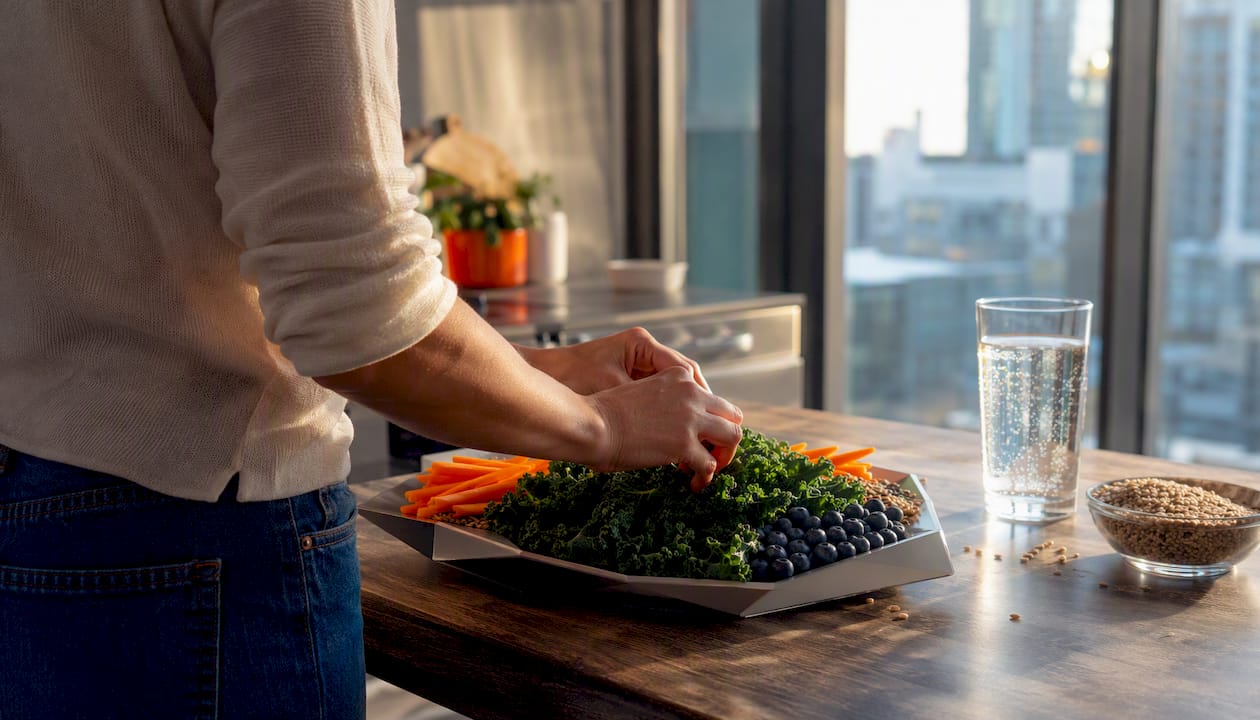 Hands chopping fiber-rich vegetables in kitchen