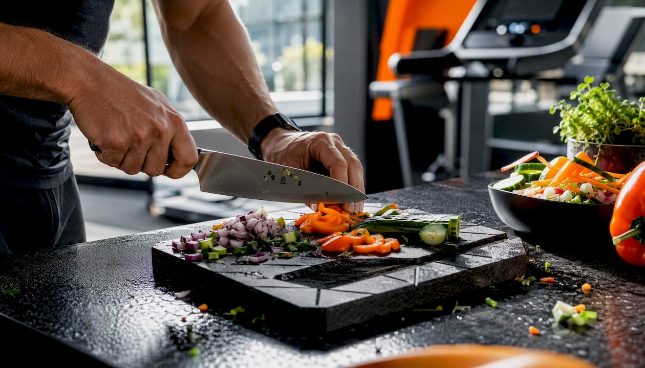 Hands chopping vegetables for fasting meal