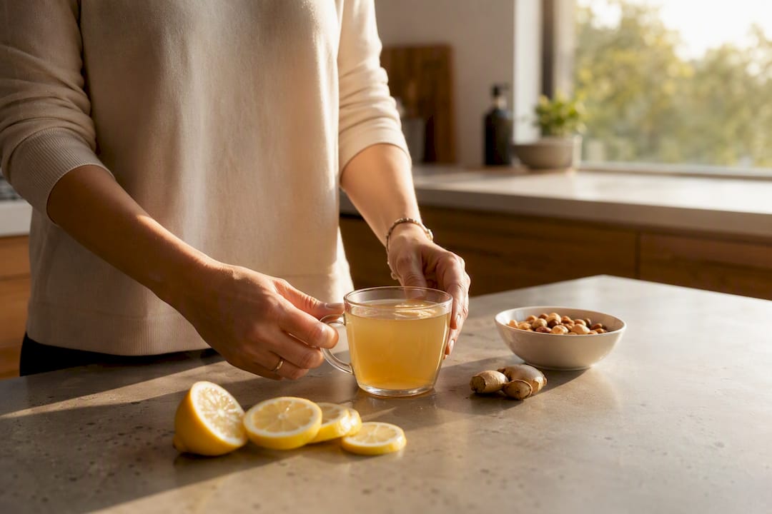 Hands holding steaming ginger tea cup