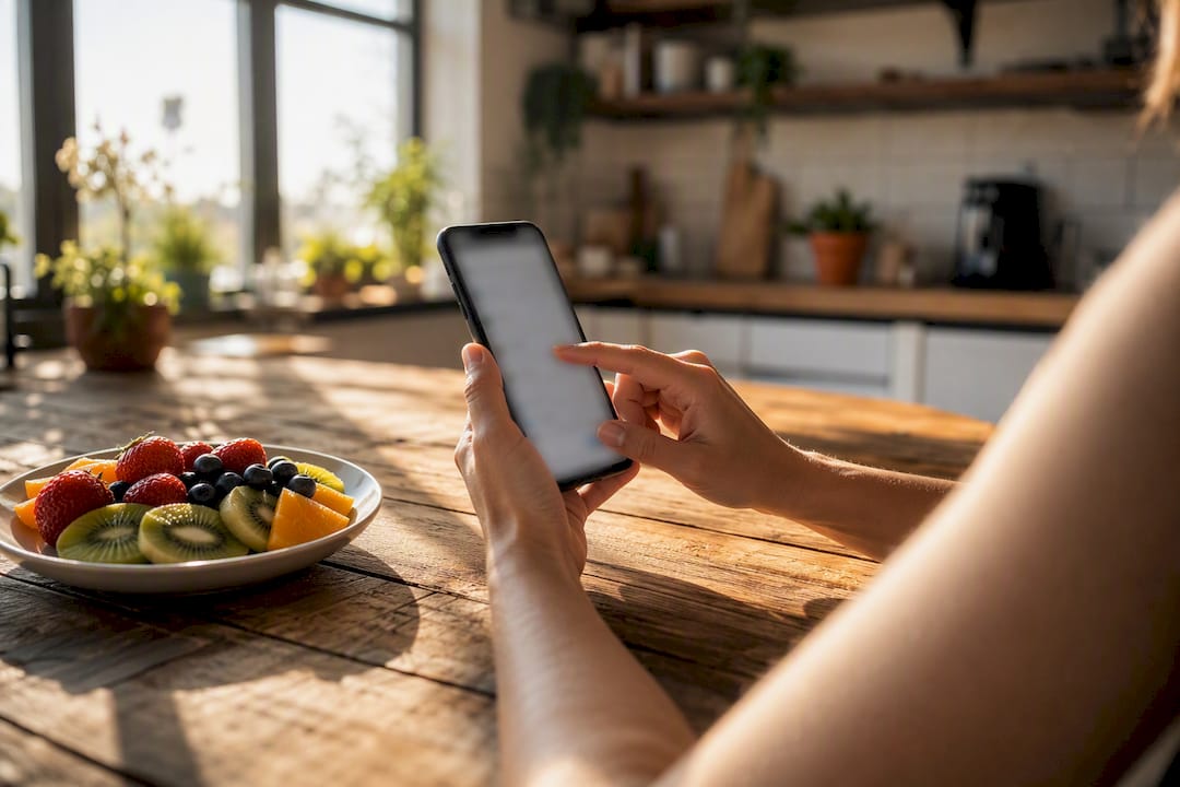 Hands logging meals on smartphone