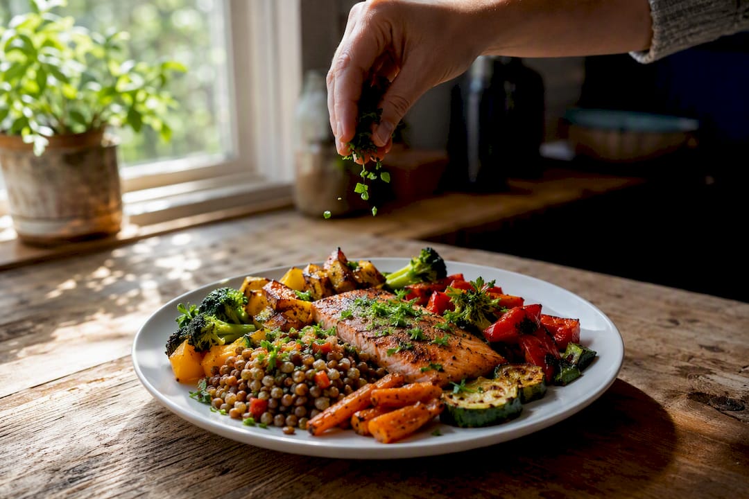 Plate of high-protein balanced meal with vegetables