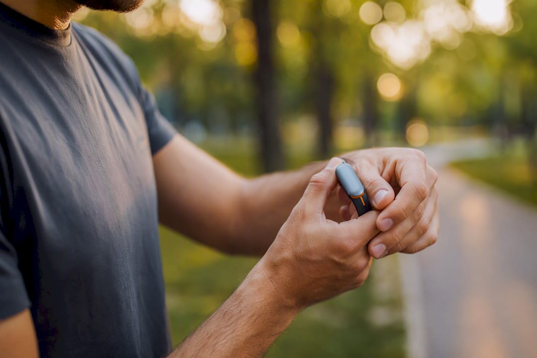 Hands adjusting fitness wearable measuring hormones