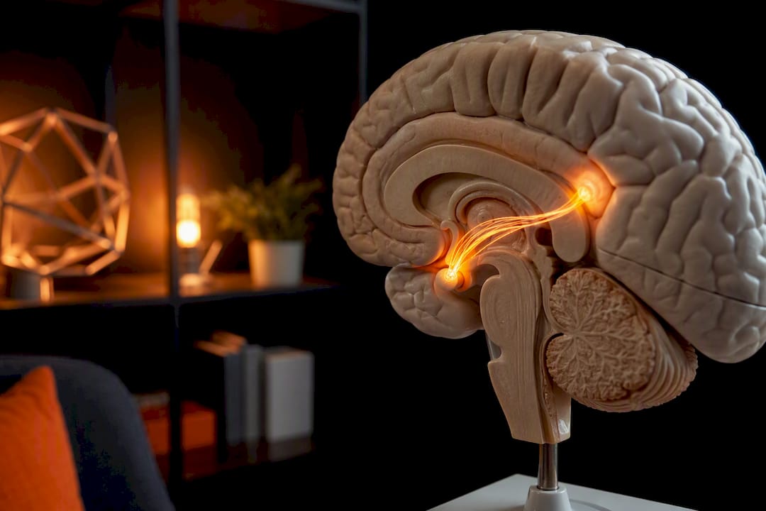 Close-up brain model with neural pathways